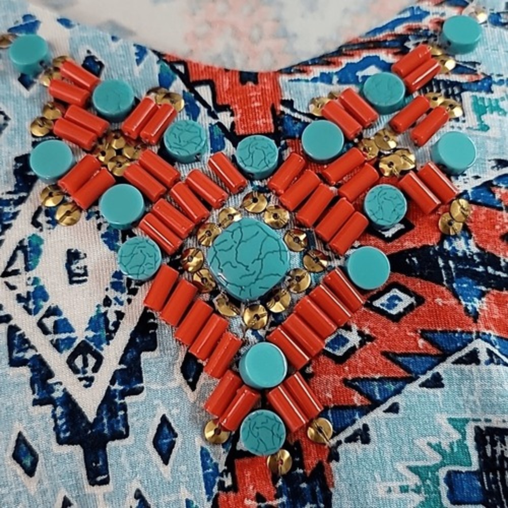 Ruby Rd Red & Blue Embellished V-Neck‎ Top - Picture 5 of 11